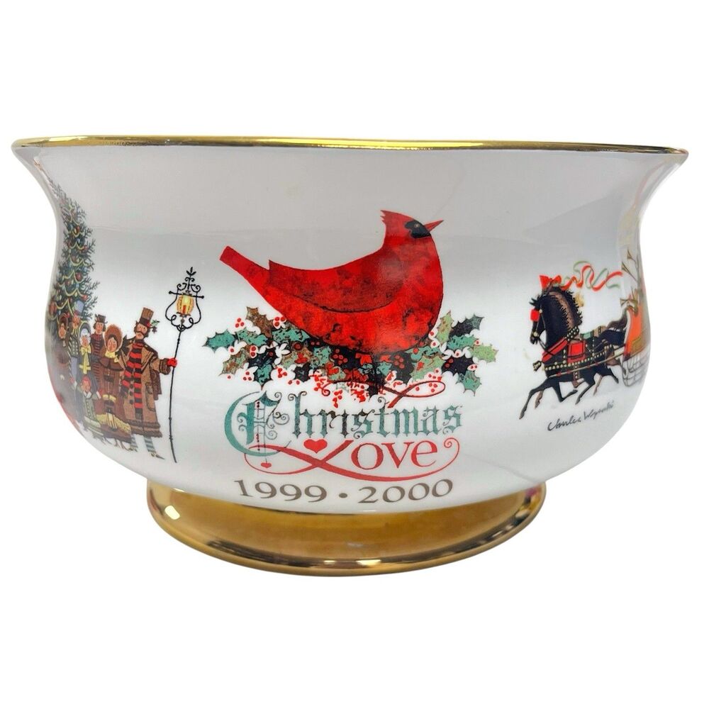 Vintage‎ 1999 Charles Wysocki Christmas Love Bowl Telaflora Gold Base Holiday
